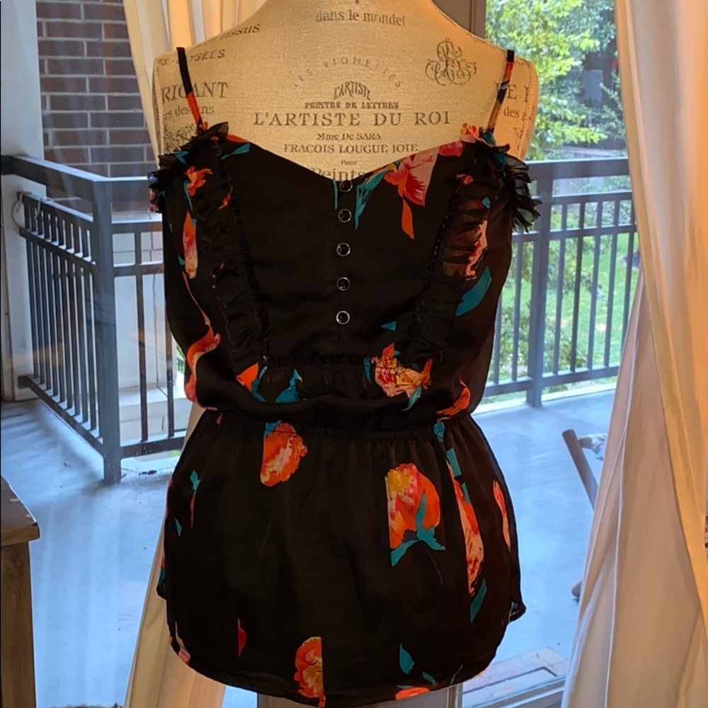 GAP black floral camisole blouse gathered waist XS - Picture 1 of 5